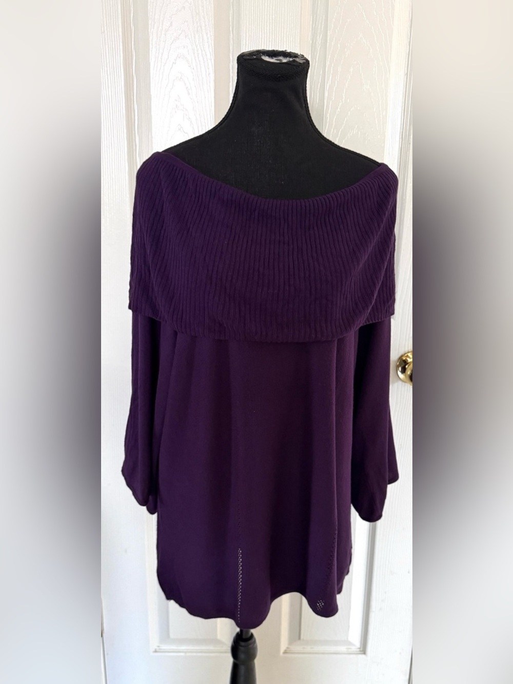 APT. 9 Purple Off Shoulder Cowl Neck Tunic Sweater XL Soft Knit Bell Sleeves